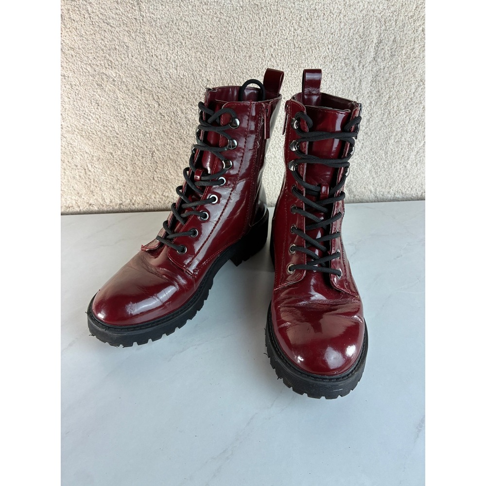 Guess Burgundy Combat Boots - 9M - Patent Lace Up Zip Grunge Edgy Punk